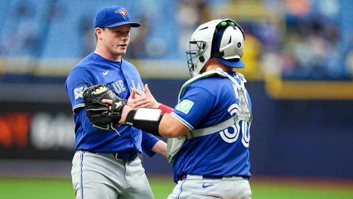 Aug 20, 2026; St. Petersburg, Florida, USA; Toronto Blue Jays pitcher Louis Varland (77) and catcher Alejandro Kirk (30) react after beating the Tampa Bay Rays at Tropicana Field. Mandatory Credit: Nathan Ray Seebeck-Imagn Images Aug 20, 2026; St. Petersburg, Florida, USA; Toronto Blue Jays pitcher Louis Varland (77) and catcher Alejandro Kirk (30) react after beating the Tampa Bay Rays at Tropicana Field. Mandatory Credit: Nathan Ray Seebeck-Imagn Images