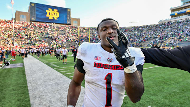 Sep 7, 2024; South Bend, Indiana, USA; Northern Illinois Huskies running back Antario Brown (1) celebrates after the Huskies defeated the Notre Dame Fighting Irish 16-14 at Notre Dame Stadium. Mandatory Credit: Matt Cashore-Imagn Images