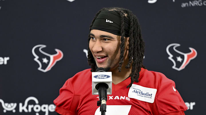 Jun 10, 2025; Houston, TX, USA; Houston Texans quarterback C.J. Stroud speaks at a press conference after an NFL football minicamp at NRG Stadium. Mandatory Credit: Maria Lysaker-Imagn Images 