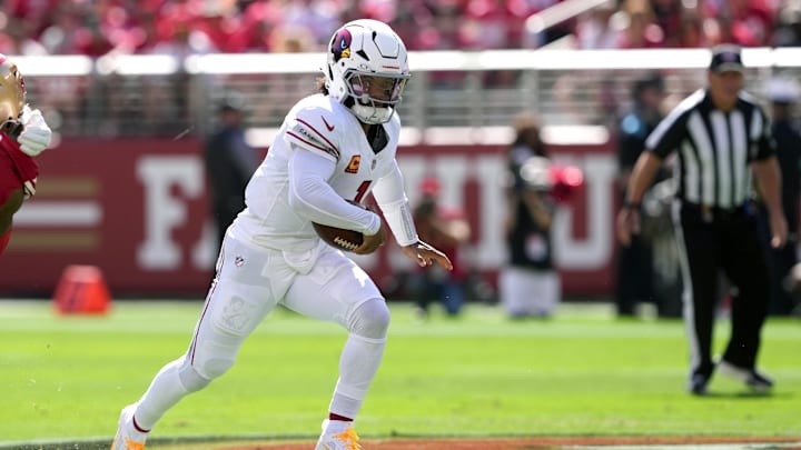 Oct 6, 2024; Santa Clara, California, USA; Arizona Cardinals quarterback Kyler Murray (1) rushes for a touchdown against the San Francisco 49ers during the first quarter at Levi's Stadium. Mandatory Credit: Darren Yamashita-Imagn Images