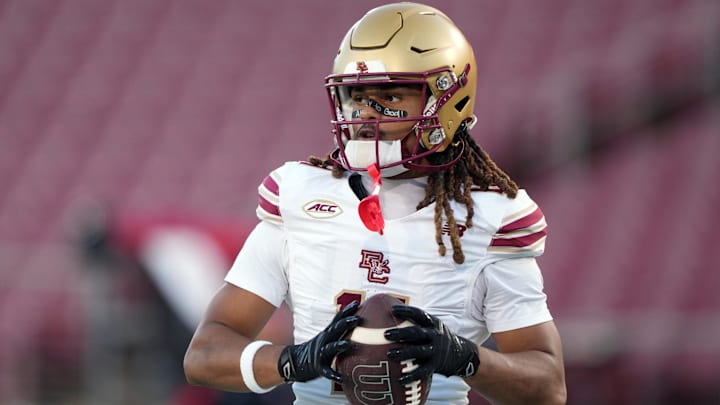 Sep 13, 2025; Stanford, California, USA; Boston College Eagles wide receiver Lewis Bond (11) warms up before the game against the Stanford Cardinal at Stanford Stadium. Mandatory Credit: Darren Yamashita-Imagn Images