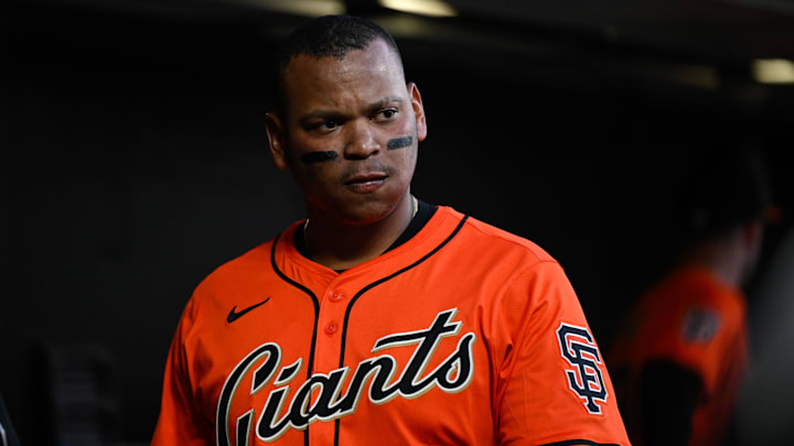 Jun 20, 2025; San Francisco, California, USA; San Francisco Giants designated hitter Rafael Devers (16) stands in the dugout against the Boston Red Sox in the fourth inning at Oracle Park. Mandatory Credit: Eakin Howard-Imagn Images Jun 20, 2025; San Francisco, California, USA; San Francisco Giants designated hitter Rafael Devers (16) stands in the dugout against the Boston Red Sox in the fourth inning at Oracle Park. Mandatory Credit: Eakin Howard-Imagn Images