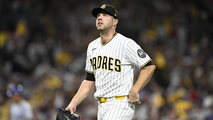 Sep 29, 2026; San Diego, California, USA;  San Diego Padres pitcher Michael King (34) reacts after the fifth inning against the Chicago Cubs during game one of the Wildcard round for the 2026 MLB Playoffs at Petco Park.  Mandatory Credit: Denis Poroy-Imagn Images