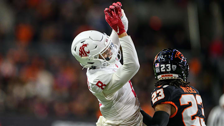 Nov 23, 2024; Corvallis, Oregon, USA; Washington State Cougars wide receiver Carlos Hernandez (8) cannot make a reception with Oregon State Beavers defensive back Exodus Ayers (23) in coverage during the second quarter at Reser Stadium. Mandatory Credit: Craig Strobeck-Imagn Images Nov 23, 2024; Corvallis, Oregon, USA; Washington State Cougars wide receiver Carlos Hernandez (8) cannot make a reception with Oregon State Beavers defensive back Exodus Ayers (23) in coverage during the second quarter at Reser Stadium. Mandatory Credit: Craig Strobeck-Imagn Images