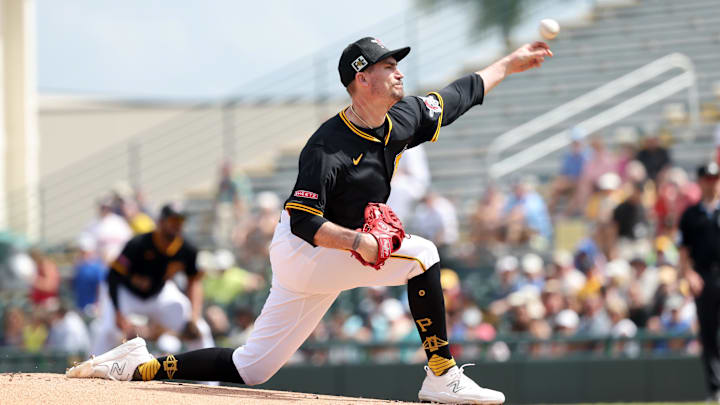 Mar 4, 2025; Bradenton, Florida, USA;  Pittsburgh Pirates starting pitcher Andrew Heaney (0) throws a pitch during the first inning against the Boston Red Sox at LECOM Park. Mandatory Credit: Kim Klement Neitzel-Imagn Images
