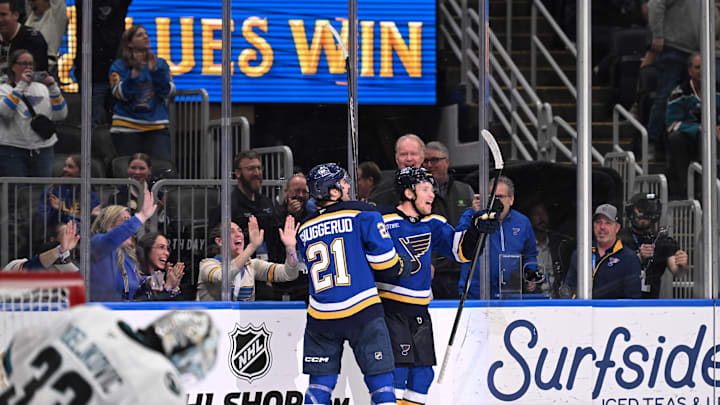 Mar 26, 2026; St. Louis, Missouri, USA; St. Louis Blues left wing Dylan Holloway (81) is congratulated by St. Louis Blues right wing Jimmy Snuggerud (21) after scoring the game winning goal against the San Jose Sharks at Enterprise Center. Mandatory Credit: Joe Puetz-Imagn Images