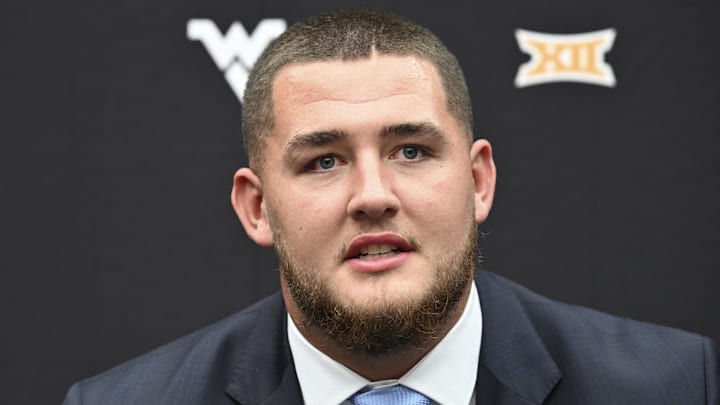 West Virginia Mountaineers offensive lineman Wyatt Milum speaks to the media during the Big 12 Media Days at Allegiant Stadium.