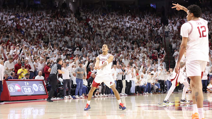 Jan 31, 2026; Fayetteville, Arkansas, USA; Arkansas Razorbacks guard Darius Acuff Jr (5) celebrates after making a three point shot against the Kentucky Wildcats during the second half at Bud Walton Arena. Kentucky won 85-77. Mandatory Credit: Nelson Chenault-Imagn Images