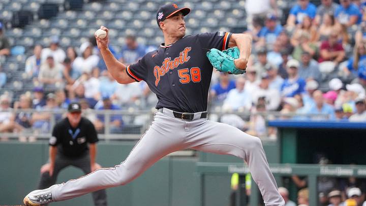 Aug 23, 2026; Kansas City, Missouri, USA; Detroit Tigers starting pitcher Jacob Waguespack (58) delivers a pitch against the Kansas City Royals during the first inning at Kauffman Stadium. Mandatory Credit: Denny Medley-Imagn Images Aug 23, 2026; Kansas City, Missouri, USA; Detroit Tigers starting pitcher Jacob Waguespack (58) delivers a pitch against the Kansas City Royals during the first inning at Kauffman Stadium. Mandatory Credit: Denny Medley-Imagn Images