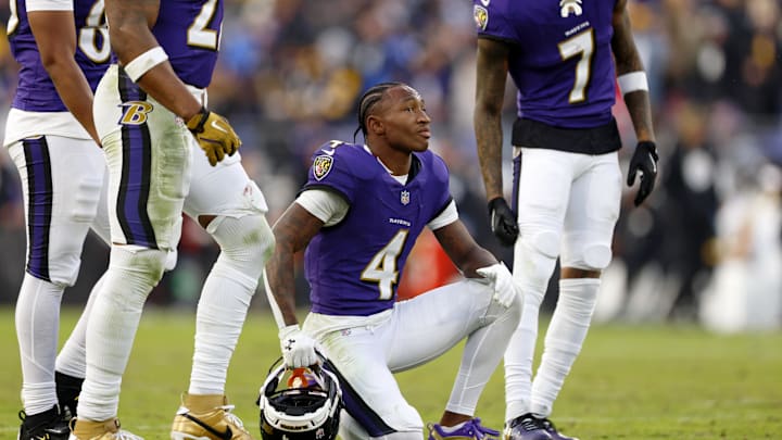 Dec 7, 2025; Baltimore, Maryland, USA; Baltimore Ravens wide receiver Zay Flowers (4) reacts after a play against the Pittsburgh Steelers during the second half at M&T Bank Stadium. Mandatory Credit: Peter Casey-Imagn Images Dec 7, 2025; Baltimore, Maryland, USA; Baltimore Ravens wide receiver Zay Flowers (4) reacts after a play against the Pittsburgh Steelers during the second half at M&T Bank Stadium. Mandatory Credit: Peter Casey-Imagn Images
