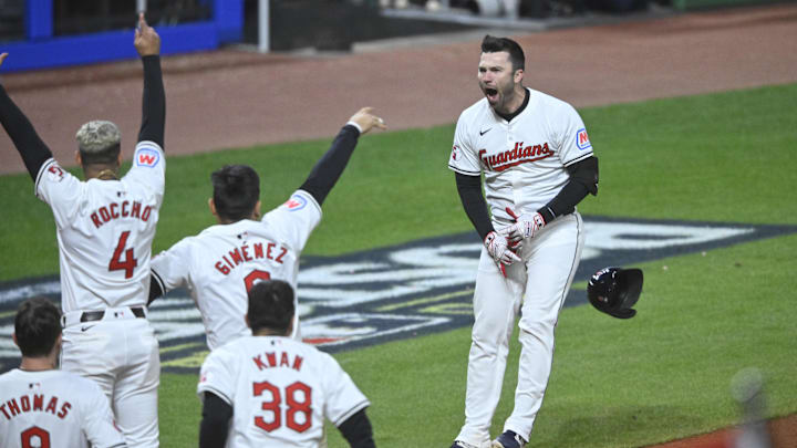 Cleveland Guardians' David Fry celebrates after hitting a walk-off home run in the 10th inning vs. the New York Yankees in ALCS Game 3. 