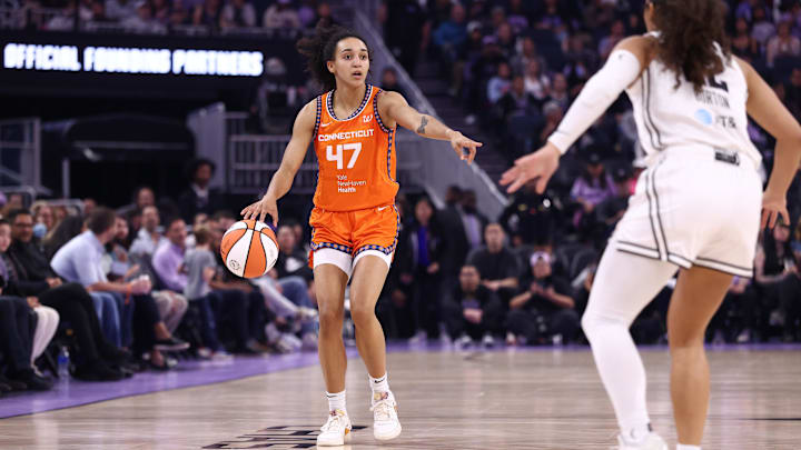 Aug 11, 2025; San Francisco, California, USA; Connecticut Sun guard Leila Lacan (47) controls the ball during the second quarter against the Golden State Valkyries at Chase Center. Aug 11, 2025; San Francisco, California, USA; Connecticut Sun guard Leila Lacan (47) controls the ball during the second quarter against the Golden State Valkyries at Chase Center.
