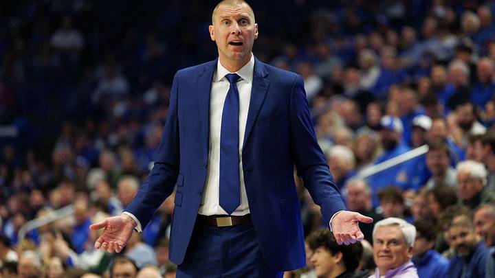 Nov 22, 2024; Lexington, Kentucky, USA; Kentucky Wildcats head coach Mark Pope reacts to a referee during the first half against the Jackson State Tigers at Rupp Arena at Central Bank Center. Mandatory Credit: Jordan Prather-Imagn Images
