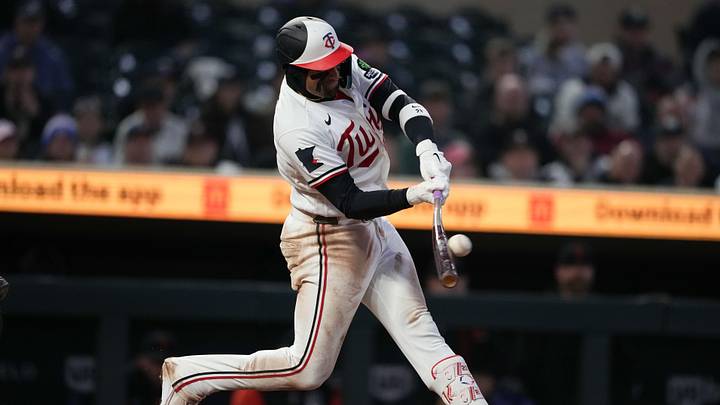 Apr 8, 2026; Minneapolis, Minnesota, USA; Minnesota Twins third baseman Royce Lewis (23) hits a single during the fifth inning against the Detroit Tigers at Target Field. Mandatory Credit: Jordan Johnson-Imagn Images Apr 8, 2026; Minneapolis, Minnesota, USA; Minnesota Twins third baseman Royce Lewis (23) hits a single during the fifth inning against the Detroit Tigers at Target Field. Mandatory Credit: Jordan Johnson-Imagn Images