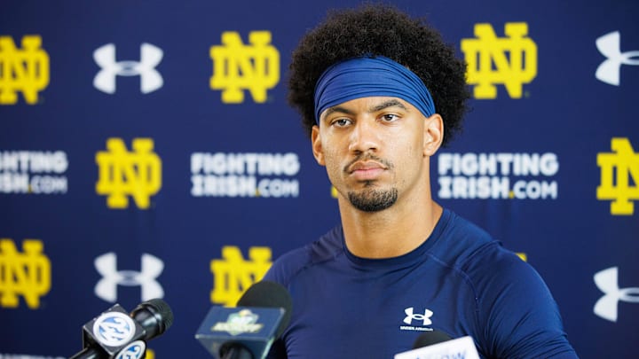 Notre Dame corner back Jaden Mickey addresses media after a Notre Dame football practice at Irish Athletic Center on Thursday, Aug. 15, 2024, in South Bend.