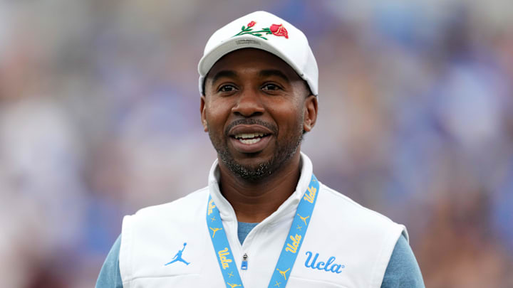 Sep 10, 2022; Pasadena, California, USA; UCLA Bruins athletic director Martin Jarmond reacts against the Alabama State Hornets in the first half at Rose Bowl. Mandatory Credit: Kirby Lee-Imagn Images