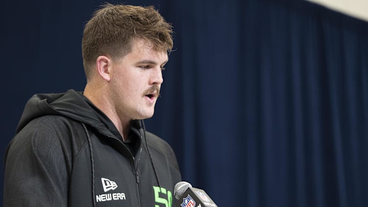 North Dakota State University offensive lineman Grey Zabel answers questions at a press conference during the NFL Combine.