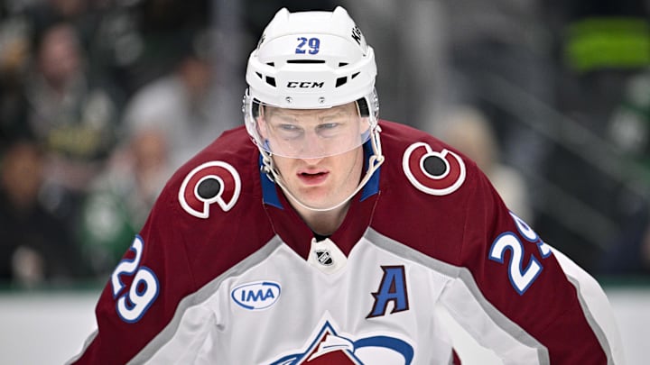 Mar 6, 2026; Dallas, Texas, USA; Colorado Avalanche center Nathan MacKinnon (29) looks on during the game between the Stars and the Avalanche at American Airlines Center. Mandatory Credit: Jerome Miron-Imagn Images