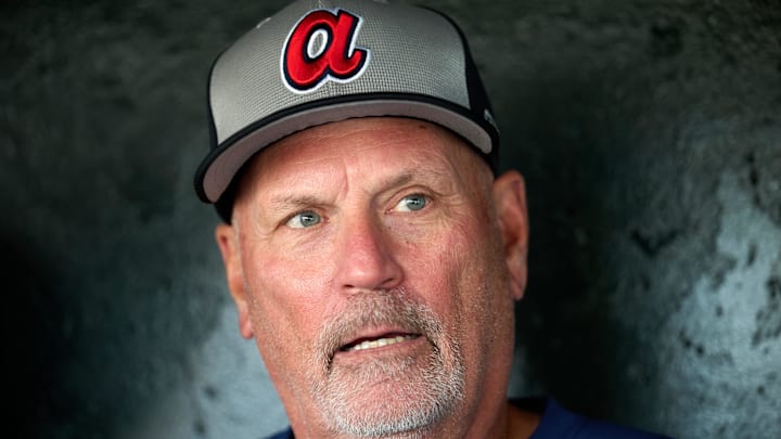 Jun 6, 2025; San Francisco, California, USA; Atlanta Braves manager Brian Snitker (43) talks to the media in the dugout before the game between the San Francisco Giants and the Atlanta Braves at Oracle Park. Mandatory Credit: Robert Edwards-Imagn Images