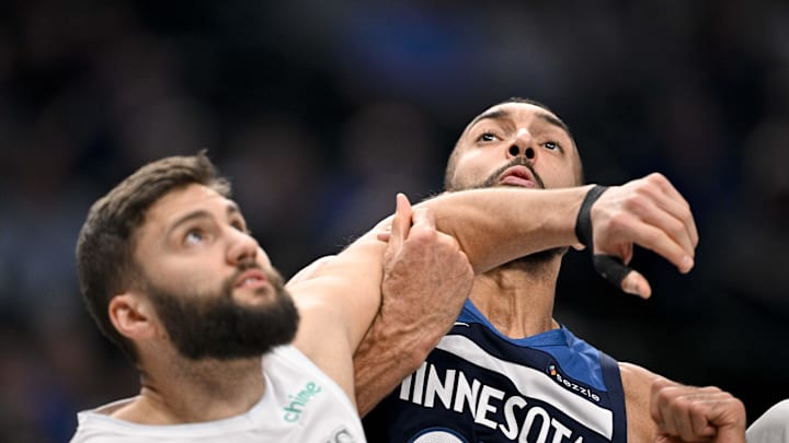 Jan 22, 2025; Dallas, Texas, USA; Dallas Mavericks forward Maxi Kleber (42) and Minnesota Timberwolves center Rudy Gobert (27) battle for position on a foul shot during the first quarter at the American Airlines Center. Mandatory Credit: Jerome Miron-Imagn Images Jan 22, 2025; Dallas, Texas, USA; Dallas Mavericks forward Maxi Kleber (42) and Minnesota Timberwolves center Rudy Gobert (27) battle for position on a foul shot during the first quarter at the American Airlines Center. Mandatory Credit: Jerome Miron-Imagn Images