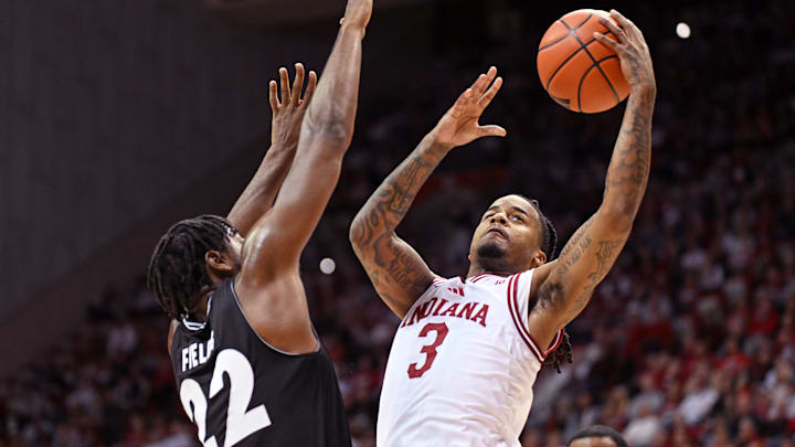 Indiana guard Lamar Wilkerson goes to the rim Nov. 12, 2025, against Milwaukee at Simon Skjodt Assembly Hall.