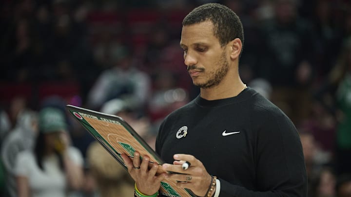 Mar 23, 2025; Portland, Oregon, USA; Boston Celtics head coach Joe Mazzulla prepares for a game against the Portland Trail Blazers at Moda Center. Mandatory Credit: Troy Wayrynen-Imagn Images