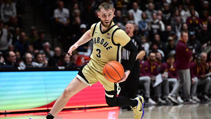 Dec 10, 2025; West Lafayette, Indiana, USA; Purdue Boilermakers guard Braden Smith (3) dribbles the ball down court during the second half against the Minnesota Golden Gophers at Mackey Arena. Dec 10, 2025; West Lafayette, Indiana, USA; Purdue Boilermakers guard Braden Smith (3) dribbles the ball down court during the second half against the Minnesota Golden Gophers at Mackey Arena.