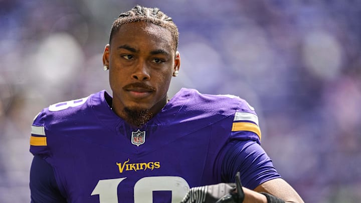 Aug 10, 2024; Minneapolis, Minnesota, USA; Minnesota Vikings wide receiver Justin Jefferson (18) warms up before the game against the Las Vegas Raiders at U.S. Bank Stadium. Mandatory Credit: Jeffrey Becker-Imagn Images