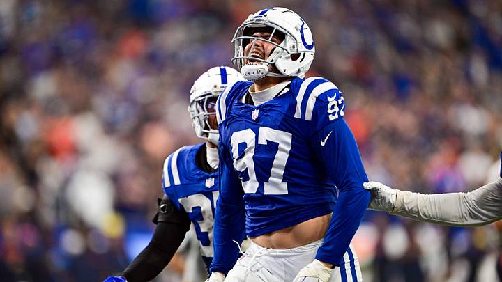 Sep 22, 2024; Indianapolis, Indiana, USA; Indianapolis Colts defensive end Laiatu Latu (97) celebrates a sack during the second half against the Chicago Bears at Lucas Oil Stadium. Mandatory Credit: Marc Lebryk-Imagn Images