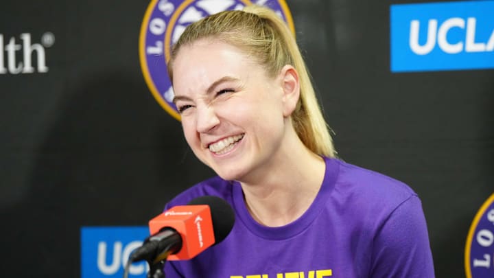 May 25, 2023; Los Angeles, California, USA; LA Sparks forward Karlie Samuelson at press conference at Crypto.com Arena. Mandatory Credit: Kirby Lee-Imagn Images