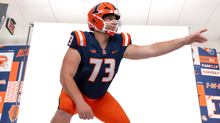Illinois left guard Josh Gesky (73) is a third-year starter returning to an Illini offensive line that brings back its entire front five from 2024.