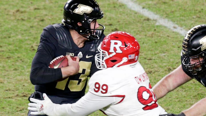 Rutgers defensive lineman Michael Dwumfour (99) goes for Purdue quarterback Jack Plummer (13) during the fourth quarter of an NCAA college football game, Saturday, Nov. 28, 2020 at Ross-Ade Stadium in West Lafayette.

Cfb Purdue Vs Rutgers