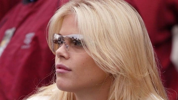 April 11, 2002; Augusta, GA, USA; Tiger Woods' then girlfriend, Elin Nordegren, watches him during the first round of the 2002 Masters. April 11, 2002; Augusta, GA, USA; Tiger Woods' then girlfriend, Elin Nordegren, watches him during the first round of the 2002 Masters.
