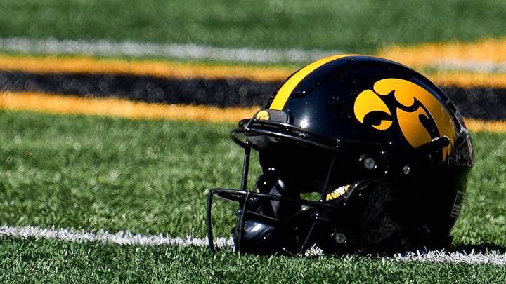 An Iowa Hawkeyes helmet lays on the field before a football game against the Indiana Hoosiers Sept. 27, 2025 at Kinnick Stadium in Iowa City, Iowa.