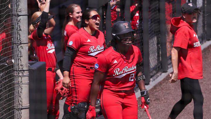 Texas Tech players and coaches react to Alana Johnson's 17-pitch at-bat against Mississippi State in the Lubbock Regional championship game of the 2025 NCAA softball tournament, Sunday, May 18, 2025, at Rocky Johnson Field.