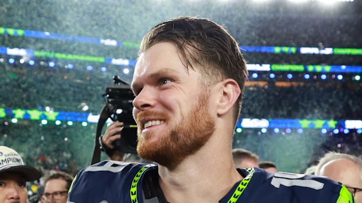 Seattle Seahawks quarterback Sam Darnold celebrates