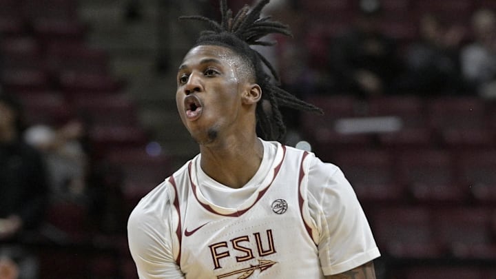Feb 4, 2025; Tallahassee, Florida, USA; Florida State Seminoles forward Jamir Watkins (1) reacts after hitting a three point basket during the second half against the Notre Dame Fighting Irish at Donald L. Tucker Center. Mandatory Credit: Melina Myers-Imagn Images Feb 4, 2025; Tallahassee, Florida, USA; Florida State Seminoles forward Jamir Watkins (1) reacts after hitting a three point basket during the second half against the Notre Dame Fighting Irish at Donald L. Tucker Center. Mandatory Credit: Melina Myers-Imagn Images