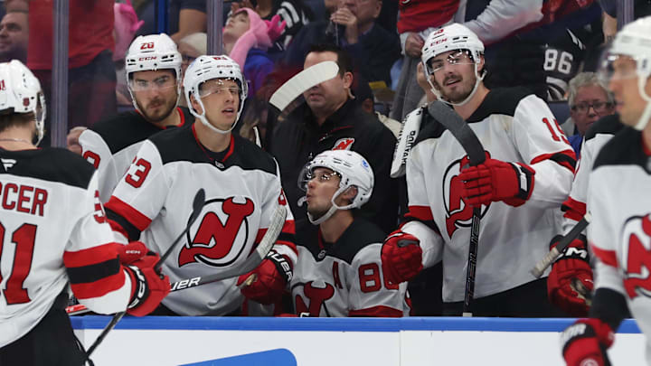 New Jersey Devils left wing Jesper Bratt (63) is congratulated  after he scored a goal against the Tampa Bay Lightning. Mandatory Credit: Kim Klement Neitzel-Imagn Images