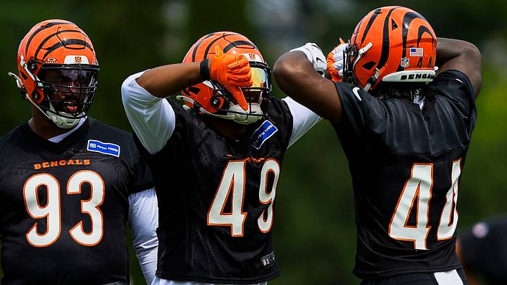 Jun 16, 2026; Cincinnati, OH, USA; Cincinnati Bengals linebacker Barrett Carter (49) gestures with linebacker Demetrius Knight Jr. (44) during minicamp at Kettering Health Practice Fields. Mandatory Credit: Katie Stratman-Imagn Images Jun 16, 2026; Cincinnati, OH, USA; Cincinnati Bengals linebacker Barrett Carter (49) gestures with linebacker Demetrius Knight Jr. (44) during minicamp at Kettering Health Practice Fields. Mandatory Credit: Katie Stratman-Imagn Images
