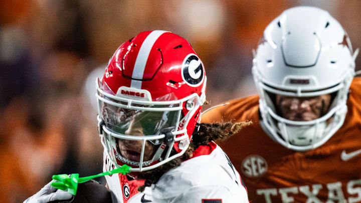 Oct 19, 2024; Austin, Texas, USA; Georgia Bulldogs wide receiver Anthony Evans III (5) carries the ball against the Texas Longhorns in the third quarter at Darrell K. Royal Texas Memorial Stadium. Mandatory Credit: Sara Diggins/USA TODAY Network via Imagn Images