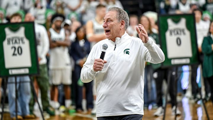 Michigan State's head coach Tom Izzo talks to the fans during the senior night ceremony after the Spartans win over Rutgers on Thursday, March 5, 2026, at the Breslin Center in East Lansing. Michigan State's head coach Tom Izzo talks to the fans during the senior night ceremony after the Spartans win over Rutgers on Thursday, March 5, 2026, at the Breslin Center in East Lansing.