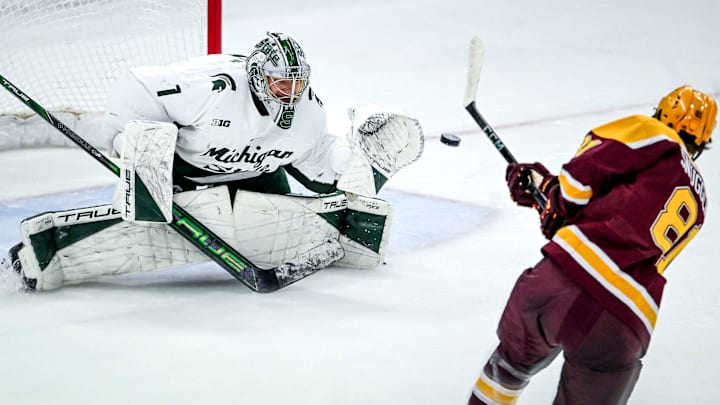Michigan State's Trey Augustine, left, stops a goal attempt by Minnesota's Jimmy Snuggerud during a shootout on Saturday, Jan. 25, 2025, at Munn Arena in East Lansing.
