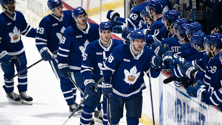 Carl Dahlstr m celebrates his goal for the Toronto Marlies with his teammates at the Adirondack Bank Center in Utica on Friday, May 5, 2023. Toronto defeated Utica 4-1, eliminating the Comets from the playoffs. Carl Dahlstr m celebrates his goal for the Toronto Marlies with his teammates at the Adirondack Bank Center in Utica on Friday, May 5, 2023. Toronto defeated Utica 4-1, eliminating the Comets from the playoffs.