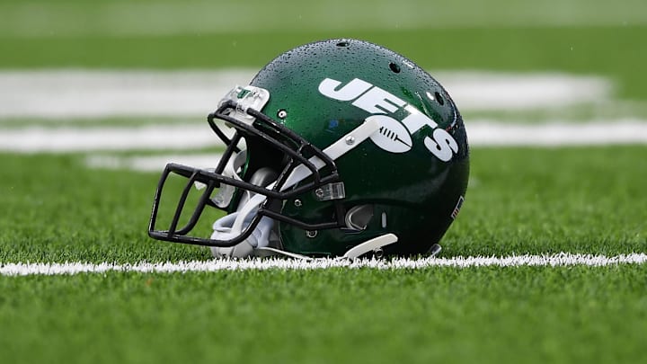 Dec 29, 2019; Orchard Park, New York, USA; General view of a New York Jets helmet prior to the game against the Buffalo Bills at New Era Field. Mandatory Credit: Rich Barnes-Imagn Images