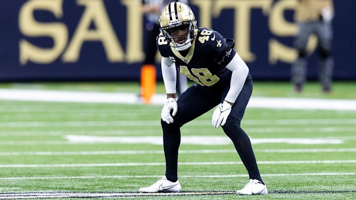 Jan 7, 2024; New Orleans, Louisiana, USA; New Orleans Saints safety J.T. Gray (48) looks on against the Atlanta Falcons during the first half at Caesars Superdome. Mandatory Credit: Stephen Lew-Imagn Images Jan 7, 2024; New Orleans, Louisiana, USA; New Orleans Saints safety J.T. Gray (48) looks on against the Atlanta Falcons during the first half at Caesars Superdome. Mandatory Credit: Stephen Lew-Imagn Images