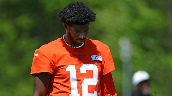 Shedeur Sanders (12) walks off the field during day two of NFL rookie minicamp at the Cleveland Browns training facility on Saturday, May 10, 2025, in Berea, Ohio.