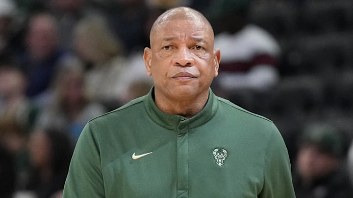Apr 10, 2026; Milwaukee, Wisconsin, USA;  Milwaukee Bucks head coach Doc Rivers looks on during the second quarter against the Brooklyn Nets at Fiserv Forum. Mandatory Credit: Jeff Hanisch-Imagn Images