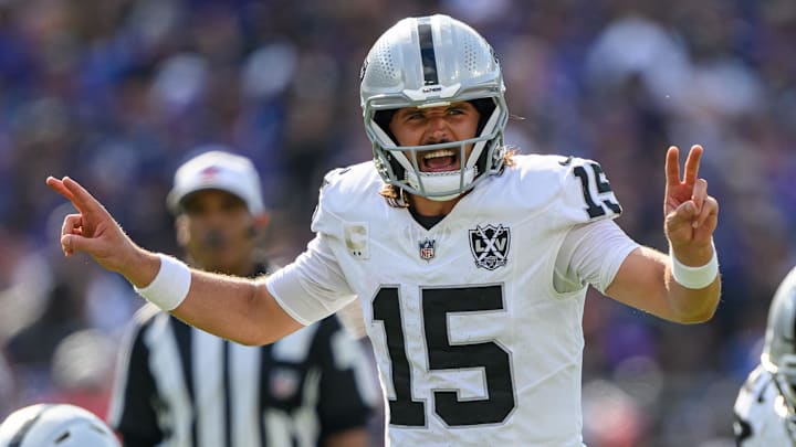 Las Vegas Raiders quarterback Gardner Minshew calls a play at the line of scrimmage during his team's win over the Baltimore Ravens on Sunday. 