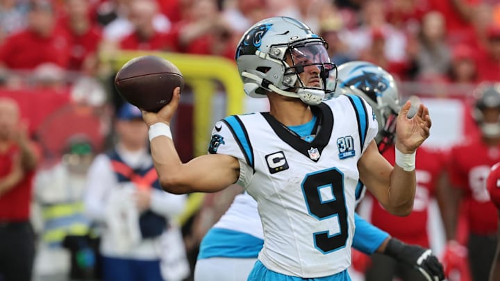 Dec 29, 2024; Tampa, Florida, USA; Carolina Panthers quarterback Bryce Young (9) throws the ball against the Tampa Bay Buccaneers during the second half at Raymond James Stadium. Mandatory Credit: Kim Klement Neitzel-Imagn Images