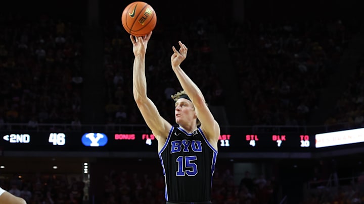 Mar 6, 2024; Ames, Iowa, USA; Brigham Young Cougars guard Richie Saunders (15) shoots against the